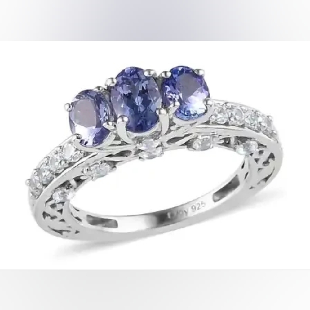 Peacock Tanzanite White Zircon 3 Stone Ring in Platinum Over Sterling Silver